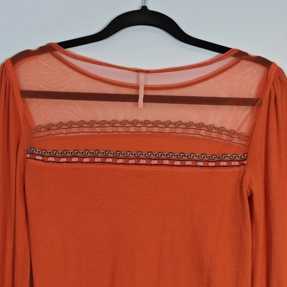FREE PEOPLE  High Tides Embroidered Flare Sleeve Top Orange Boho XS